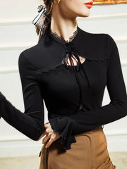 Bow-Embellished Flower Shape Hollow Solid Color Split-Joint Tied Flared Sleeves Long Sleeves Half Turtleneck Blouses&Shirts Tops