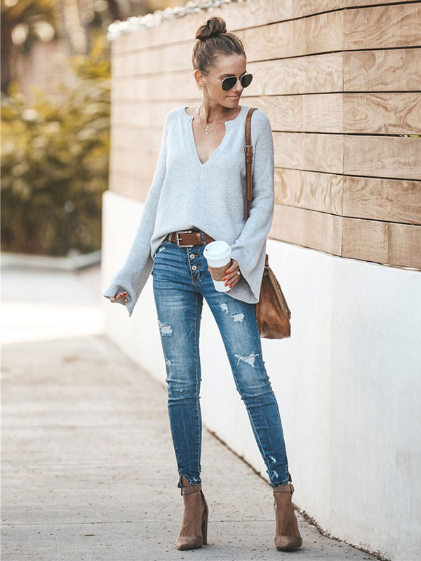Casual Long Sleeves Loose Solid Color V-Neck Sweater Tops