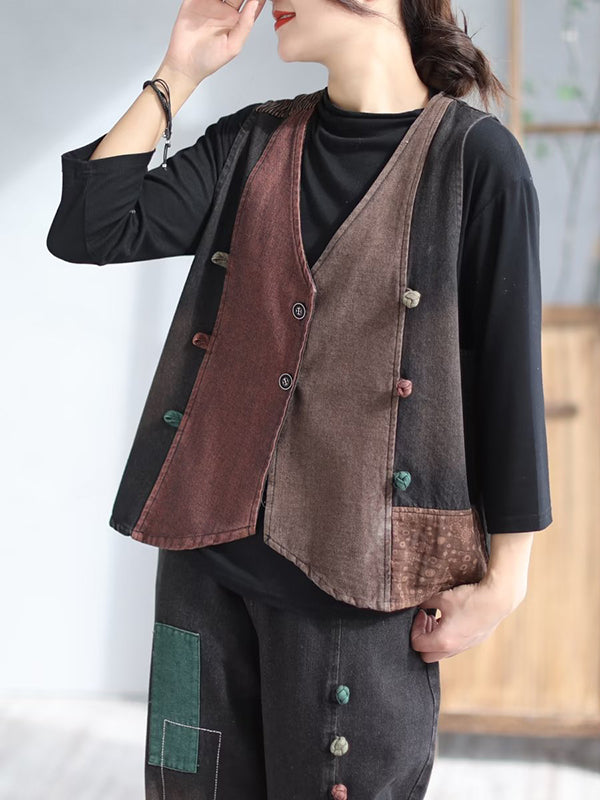 Loose Split-Joint V-Neck Vest Top + Jean Harem Pants Bottoms  Two Pieces Set