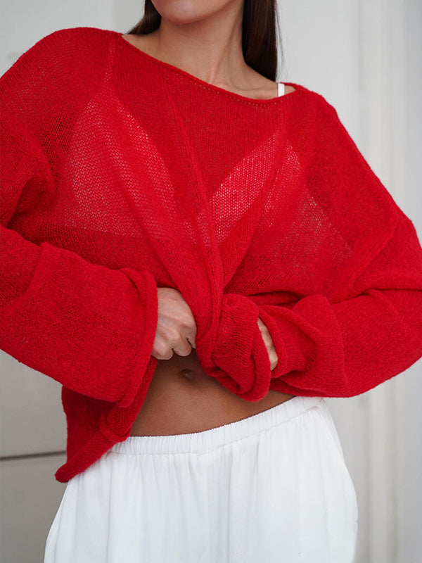 See-Through Solid Color Split-Joint Long Sleeves Loose Round-Neck Sweater Tops