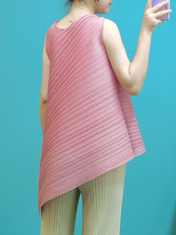Pleated Solid Color Irregular Clipping Loose Round-Neck Vest Top