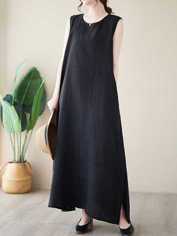 Solid Color A-Line Loose Round-Neck Midi Dresses