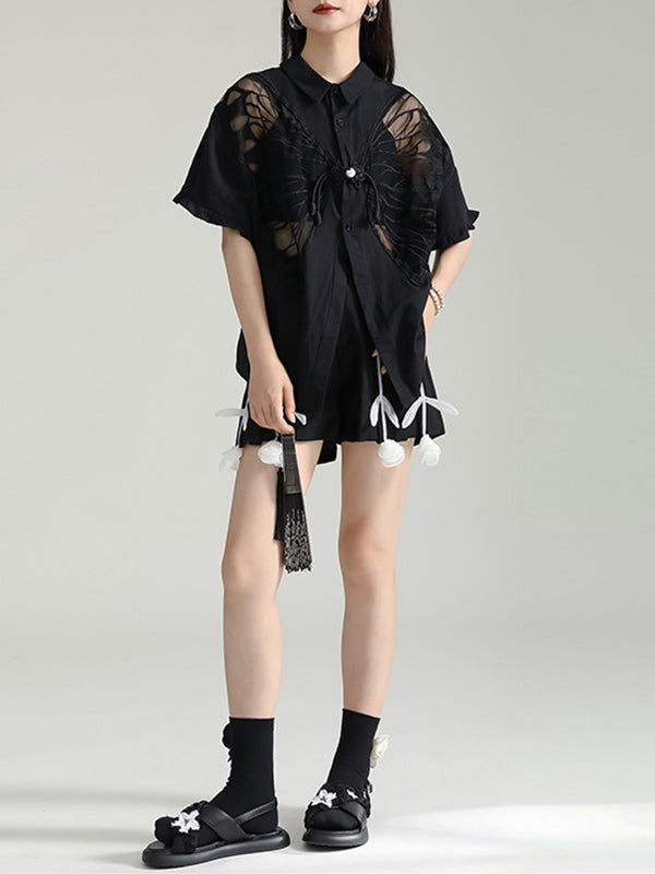 Buttoned Mesh Reversible See-Through Split-back Split-Joint Half Sleeves Loose Lapel Blouses&shirts Tops