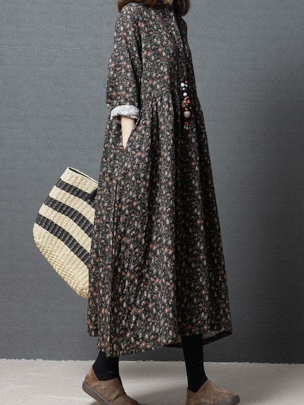 Vintage Floral Stand Collar Midi Dress