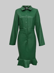 Buttoned Elasticity Ruffle Trim Solid Color Split-Joint Bodycon Long Sleeves Lapel Midi Dresses