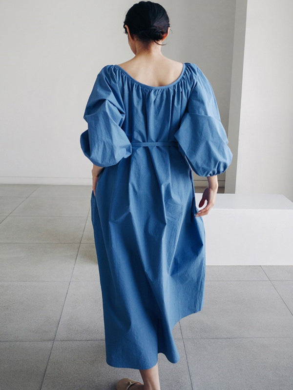 Original Casual Loose Solid Color Pleated Puff Sleeves Midi Dress