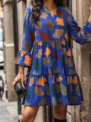 Leaves Print Pleated Split-Joint A-Line Flared Sleeves V-Neck Mini Dresses