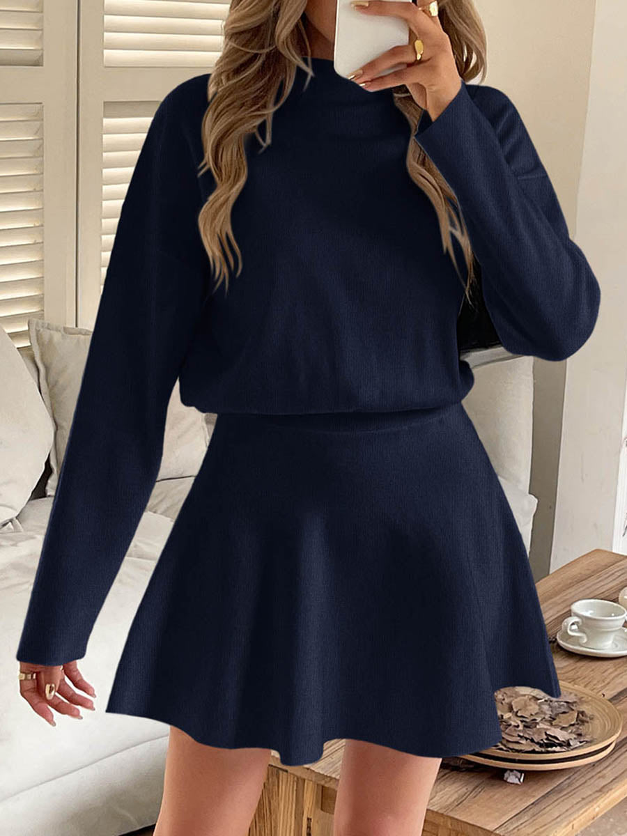 Elasticity Solid Color A-line High Waisted Round-neck Sweater Dresses Mini Dresses