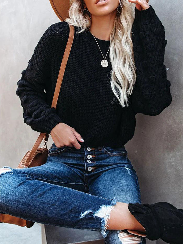 Hollow Solid Color Long Sleeves Loose Round-Neck Sweater Tops Pullovers Knitwear