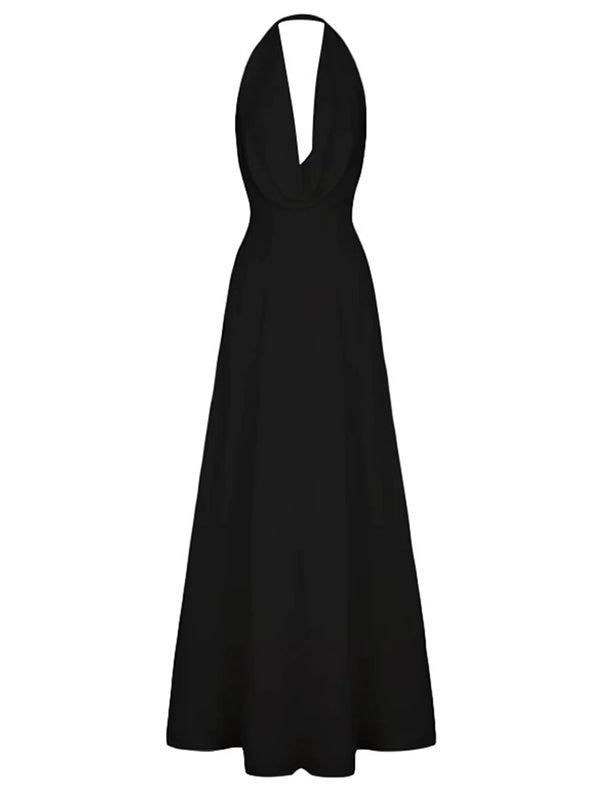Backless Solid Color Split-Joint Zipper High Waisted Sleeveless Heaps Collar Maxi Dresses