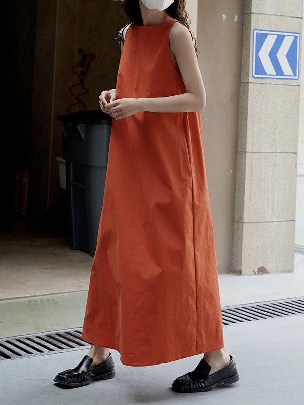 Solid Color Loose Sleeveless Round-Neck Midi Dresses