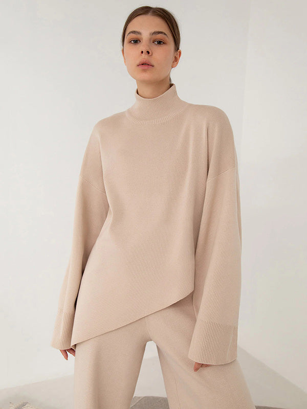 Casual Solid Color Irregularity High-Neck Sweater& Wide Leg Pants Suits