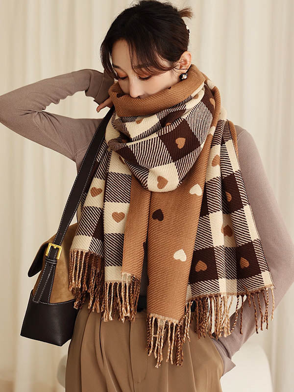Casual Contrast Color Heart Plaid Jacquard Shawl&Scarf