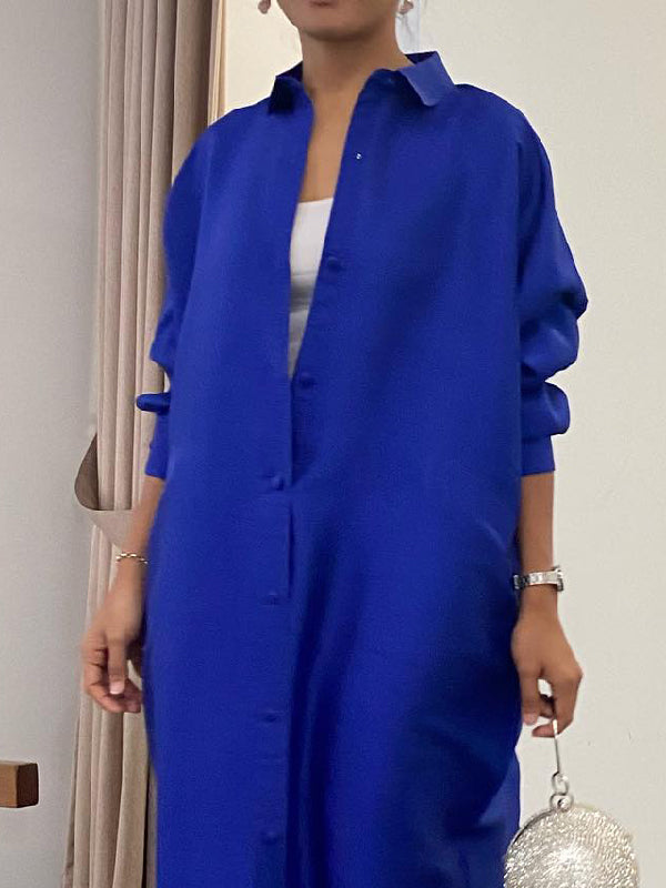 Buttoned Solid Color Split-side Long Sleeves Loose Lapel Shirt Dress Maxi Dresses