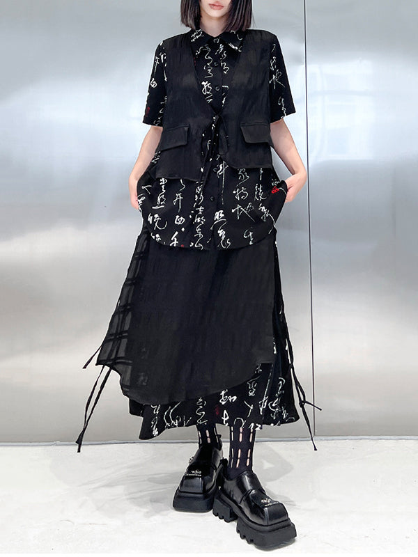 Lace-Up Printed Split-Joint Tiered False Two High-low Lapel Blouses&shirts Tops