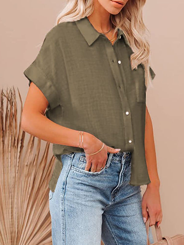 Pleated Loose Short Sleeves Lapel Blouses&Shirts Tops