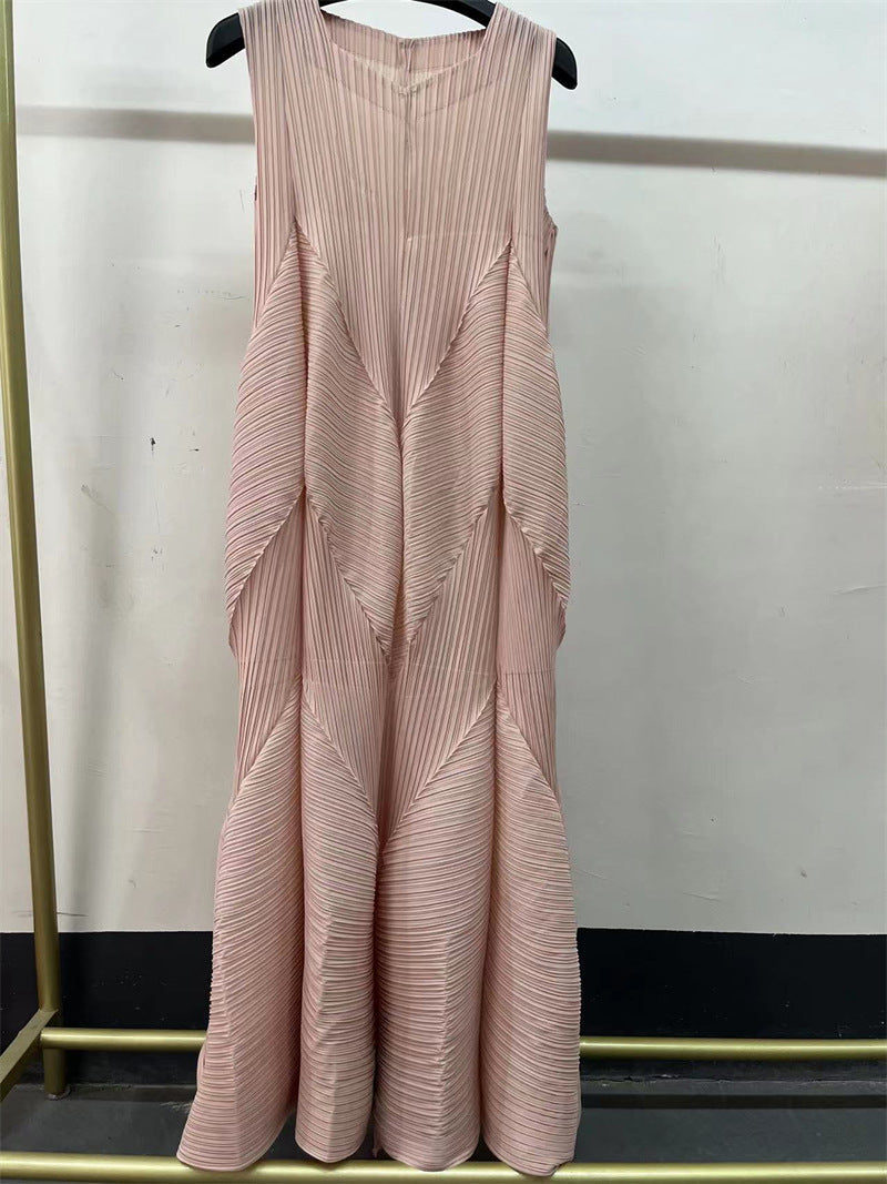 Pleated Solid Color Split-Joint Zipper Loose Sleeveless V-neck Midi Dresses