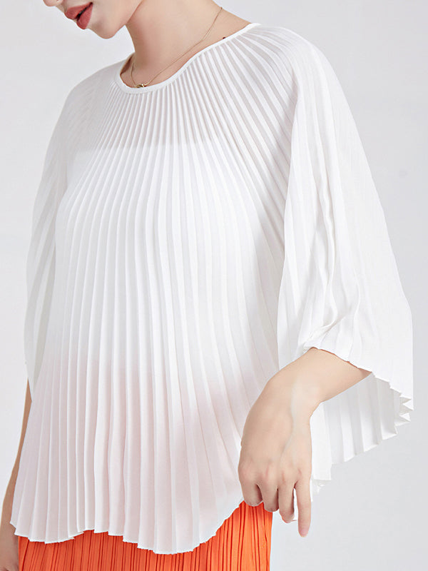 Pleated Solid Color Batwing Sleeves Loose Round-Neck T-Shirts Tops