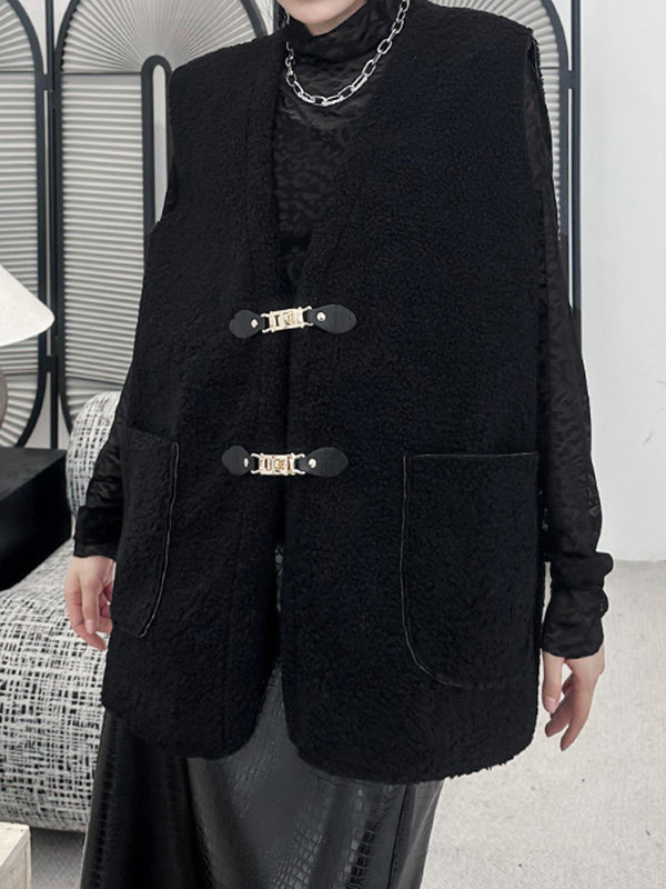 Buckle Pockets Velvet Loose Sleeveless V-neck Vest Outerwear