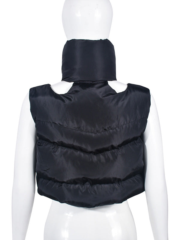 Hollow Solid Color Zipper Loose Sleeveless Stand Collar Padded Vest