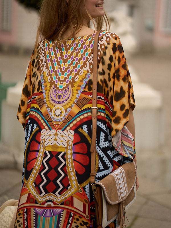 Leopard Printed Split-side Batwing Sleeves Loose V-neck Maxi Dresses Beach Cover-Up