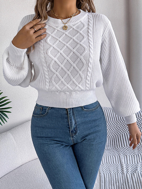 Cable Knit Solid Color Elasticated Waist Long Sleeves Round-Neck Sweater Tops Knit Top