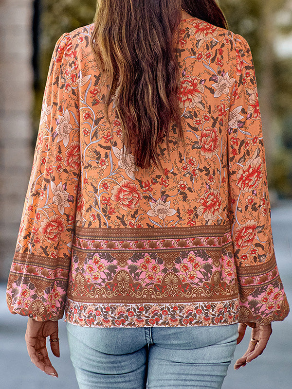 Elasticity Flower Print Tied Long Sleeves Loose V-Neck Blouses&Shirts Tops