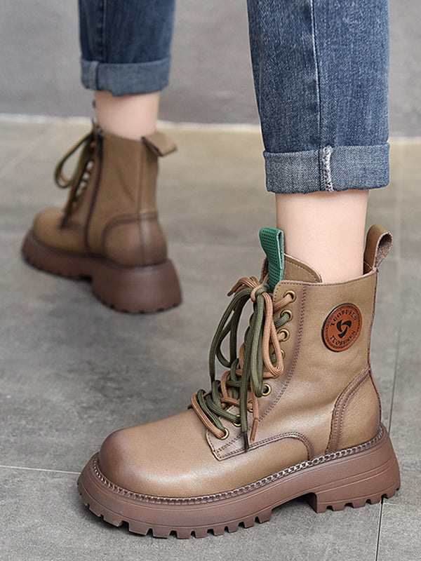 Muffin Heel Round-Toe Tied Zipper Boots