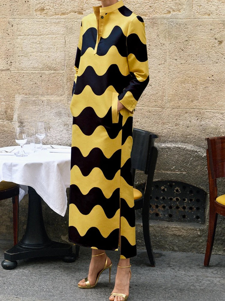 Contrast Color Split-Side Striped Long Sleeves Loose Stand Collar Midi Dresses