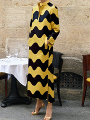 Contrast Color Split-Side Striped Long Sleeves Loose Stand Collar Midi Dresses