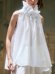 Buttoned Drawstring Pleated Solid Color Loose Sleeveless Stand Collar Vest Top