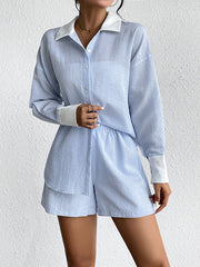 Striped Lapel Long Sleeves Loose Buttoned Split-Joint Blouses Top + Elasticity Shorts Bottom Two Pieces Set
