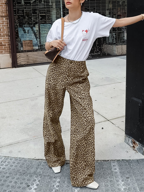 Leopard Printed Split-Joint High Waisted Loose Trousers Pants