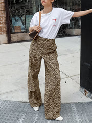 Leopard Printed Split-Joint High Waisted Loose Trousers Pants