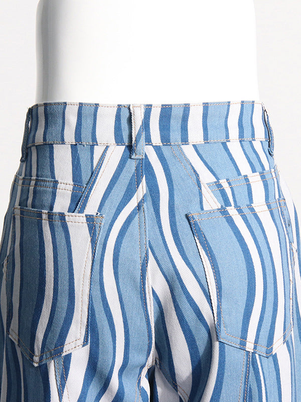 Split-Joint Striped Patterns High Waisted Loose Jean Pants Bottoms