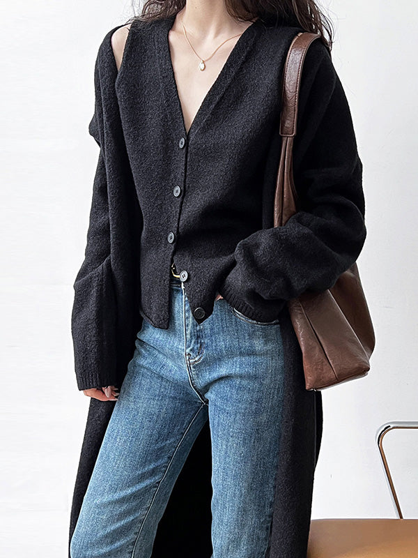Buttoned Solid Color Long Sleeves Loose V-Neck Knit Vest + Cardigan Two Pieces Set
