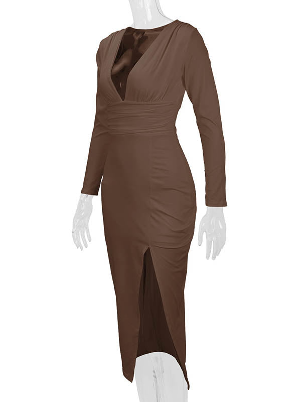 Pleated Solid Color Split-Joint Split-Side Bodycon Elasticated Waist Deep V-Neck Midi Dresses