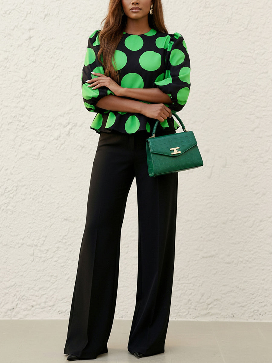 Elasticity Pleated Polka-Dot Loose Puff Sleeves Round-Neck Blouses&Shirts Tops