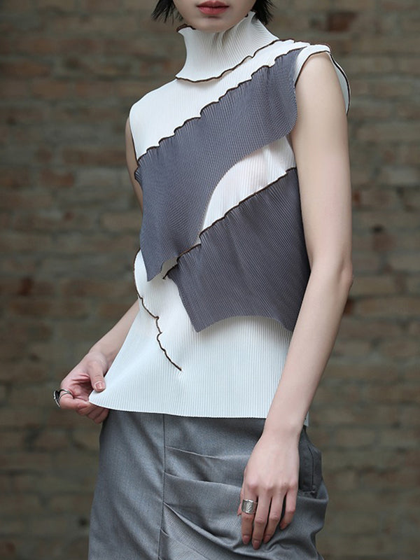 Asymmetric Color-Block Pleated Split-Joint Skinny Sleeveless High-Neck Vest Top