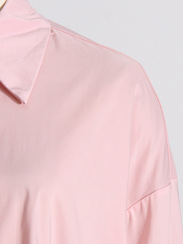 Asymmetric Buttoned Pleated Solid Color Split-Joint Three-Dimensional Flower Long Sleeves Loose Lapel Blouses&Shirts Tops
