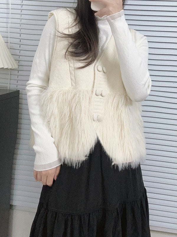 Buttoned Solid Color Split-Joint Loose Sleeveless V-Neck Vest Outerwear