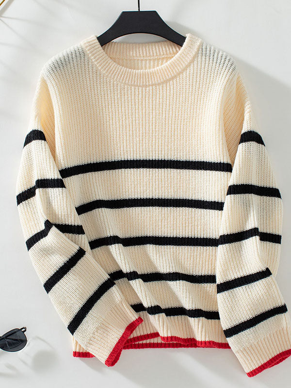 Contrast Color Split-Joint Striped Long Sleeves Loose Round-Neck Sweater Tops Pullovers
