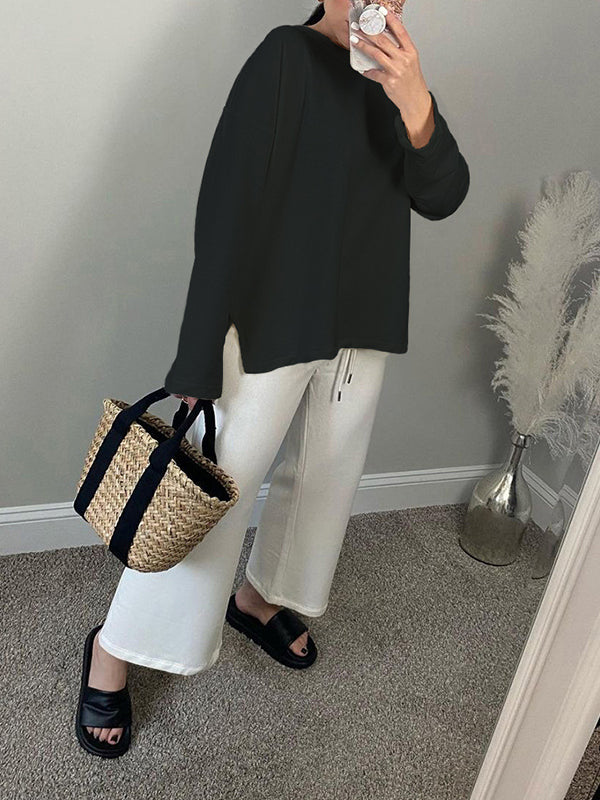 Solid Color Split-Joint Split-side High-low Long Sleeves Round-neck T-shirts