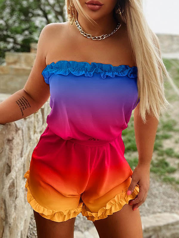 Gradient Ruffled Tied Waist High Waisted Plus Size Tube Rompers