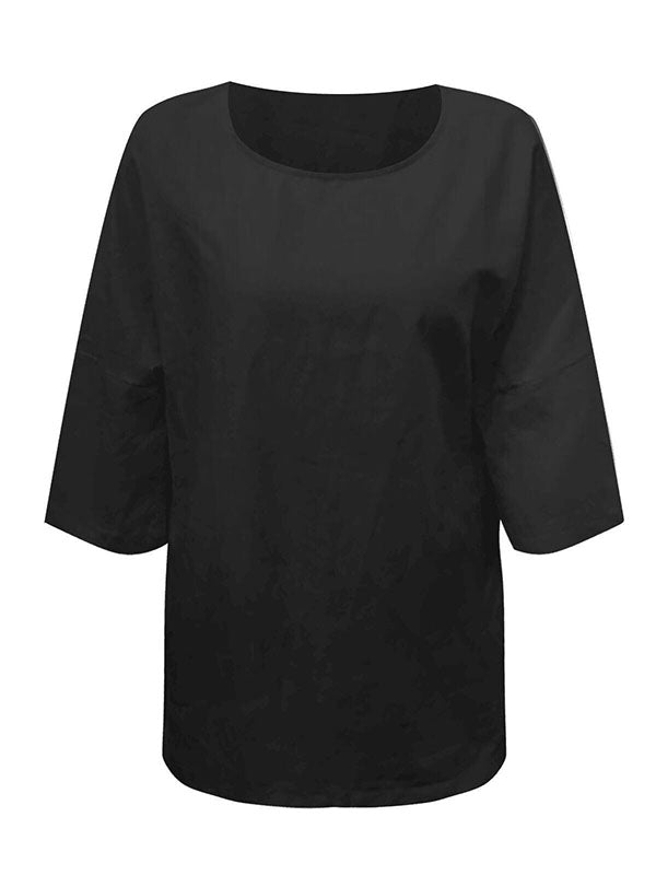 Solid Color Split-Joint Split-Side Linen Three-Quarter Sleeves Round-Neck T-Shirts Tops