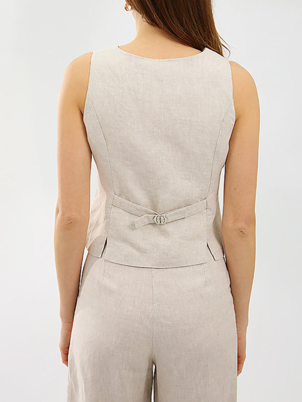 Solid Color Buttoned Deep V-Neck Sleeveless  Vest Top + Pleated Straight Leg Pants Bottom Two Pieces Set