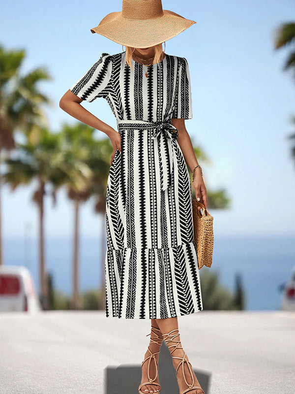 Split-Joint Striped Tied Waist A-Line Loose Round-Neck Midi Dresses