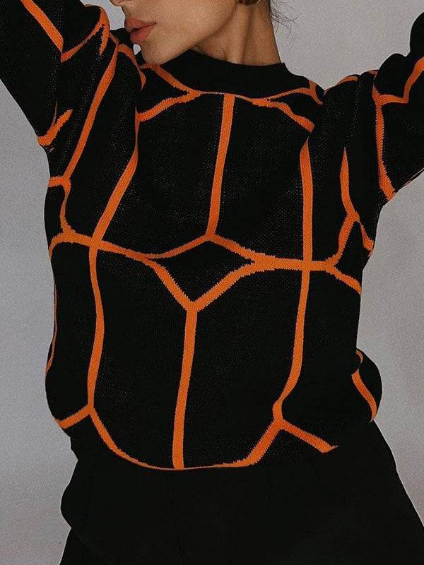 Geometric Long Sleeves Loose Round-Neck Sweater Tops Pullovers Knitwear