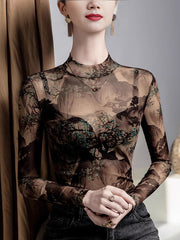 Asymmetric Mesh See-Through Split-Joint Long Sleeves Plus Size Round-Neck T-Shirts Tops