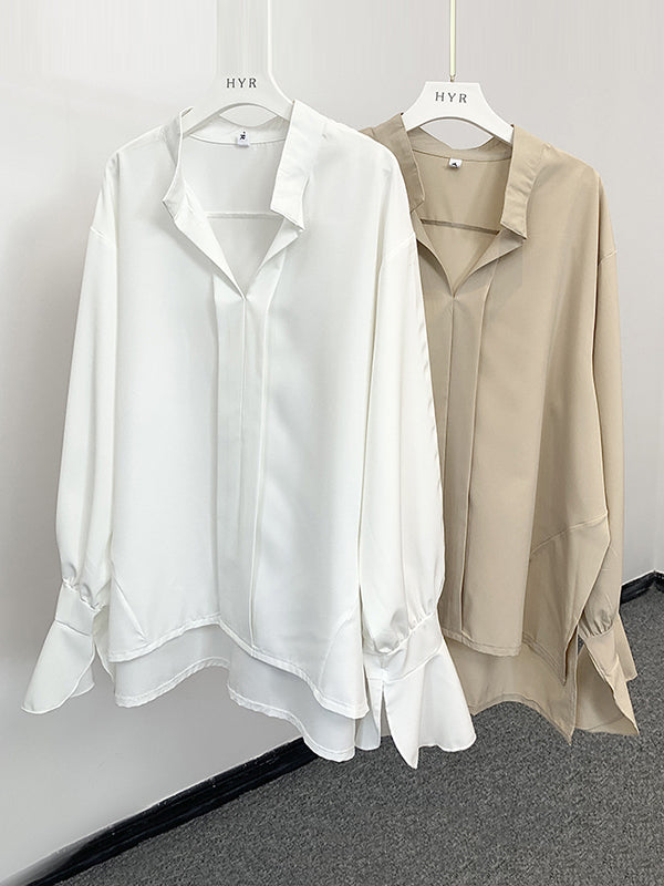 Buttoned Solid Color Split-Side Flared Sleeves High-Low V-Neck Blouses&Shirts Tops